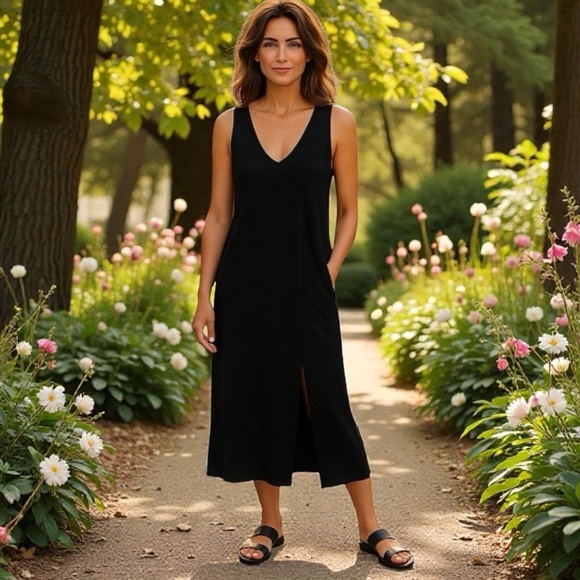 Donna Karan Dresses & Skirts - SOLD💖 Donna Karan Long Black Knit Sheath with 
V-Neck and Side Slit   NWT